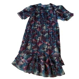 80s Vintage Pleated Geometric Ruffle Art Deco Midi Dress Purple Blue Sz 8P